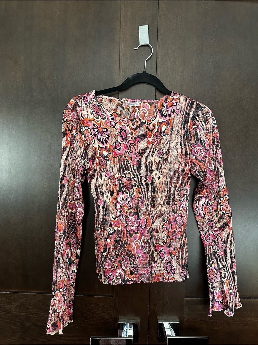 Alberto MakaliMulti Floral Ribbed/synched Long-Sleeve Top with bell sleeves